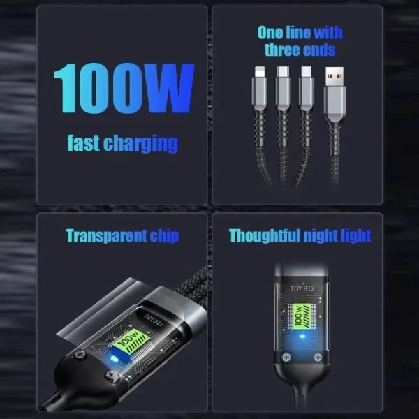 3 In 1 Usb 100w Cable For Fast Charging And Data Mini Usb Type C Micro Suitable For Iphone Android Xiaomi Huawei Oppo Charging - Image 6