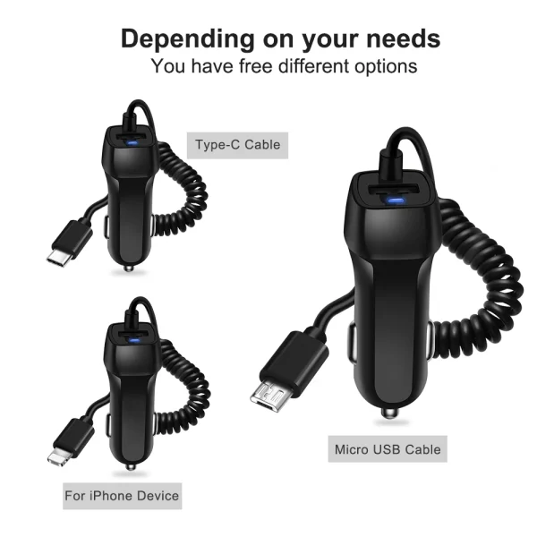 Car Charger With USB Cable Mobile Phone Charger For iphone 11 7 Samsung S10 Xiaomi Micro USB Type C Cable Fast Car Phone Charger - Image 5